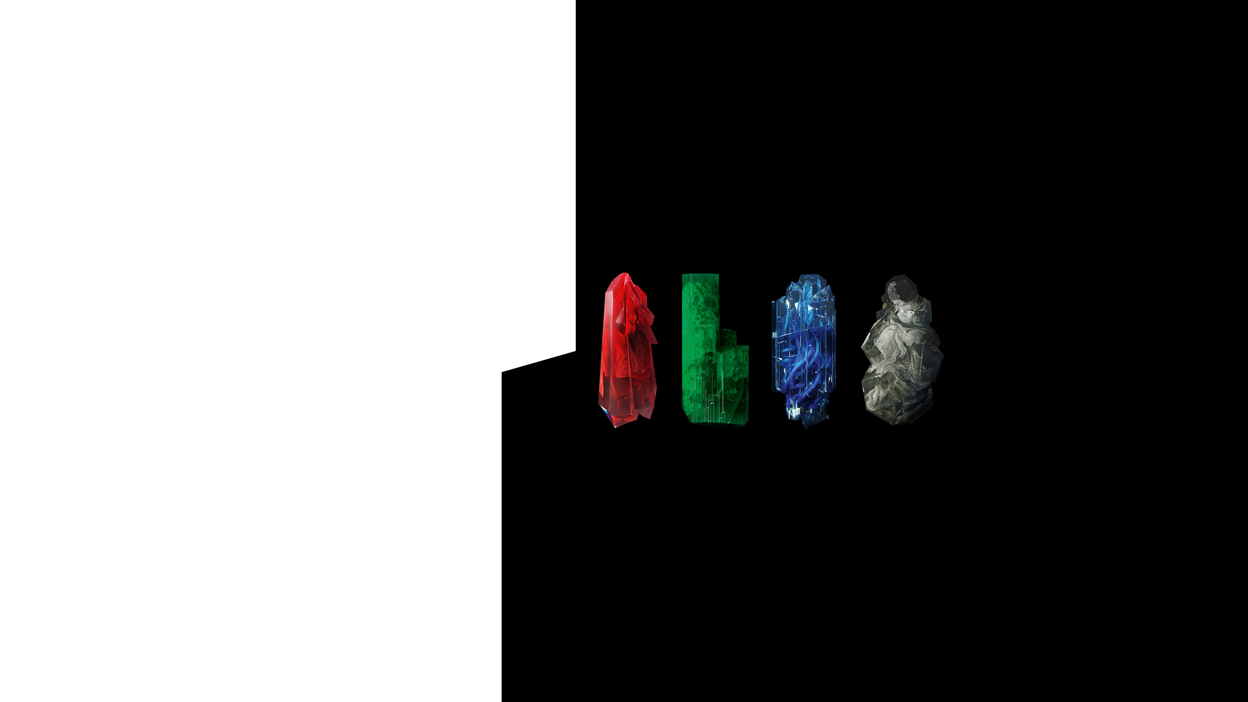 Vier Kristalle in den Farben rot, grün, blau und silber vor einem schwarzen Hintergrund