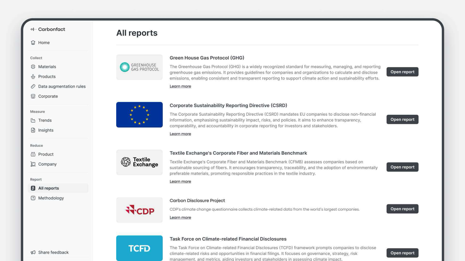 Carbonfact’s automated environmental reports shown on a tablet