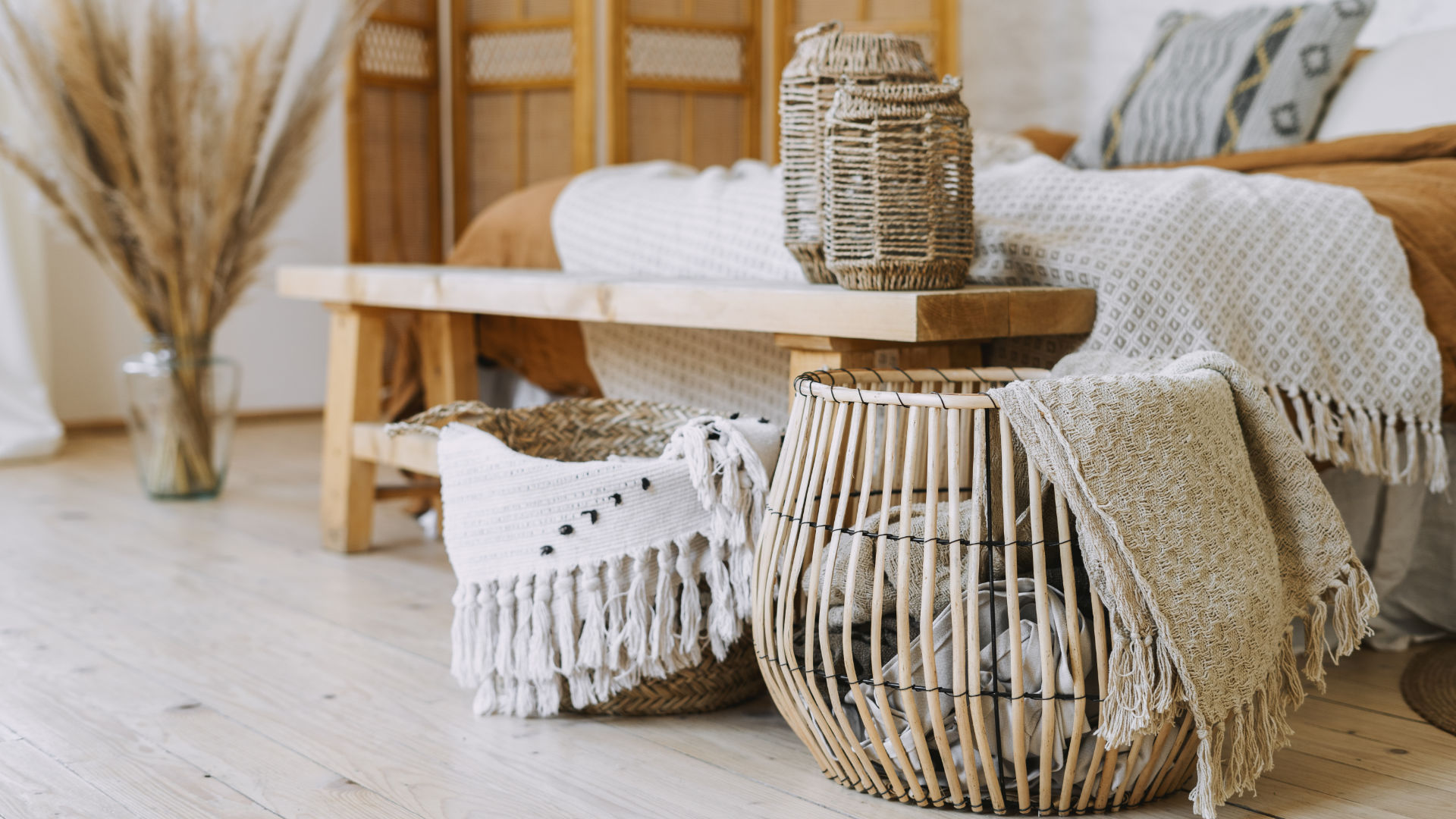 Bed with various decorative items