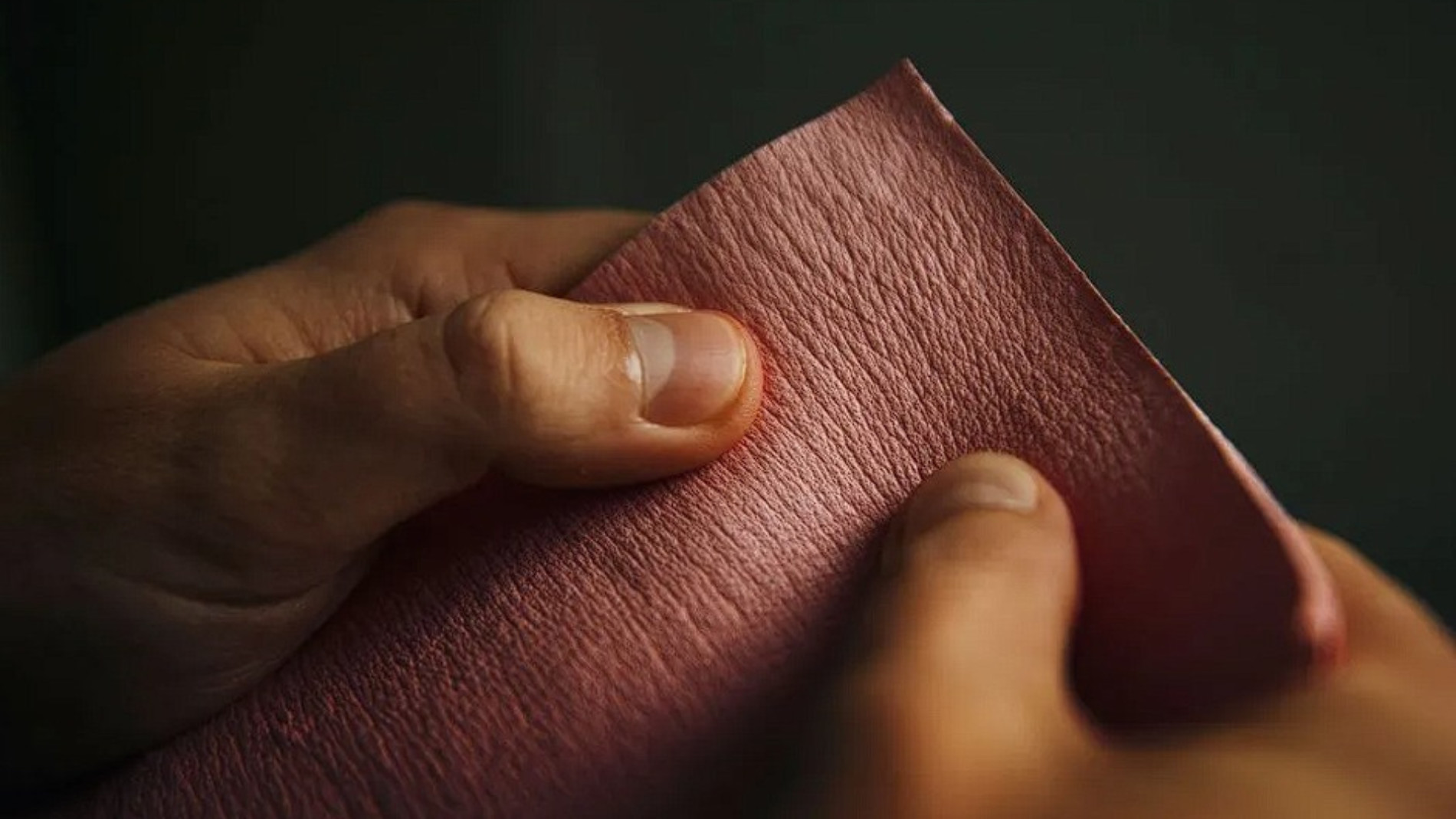 Two hands holding a piece of pink vegan leather, illustrating innovative and eco-friendly materials in the textile market.