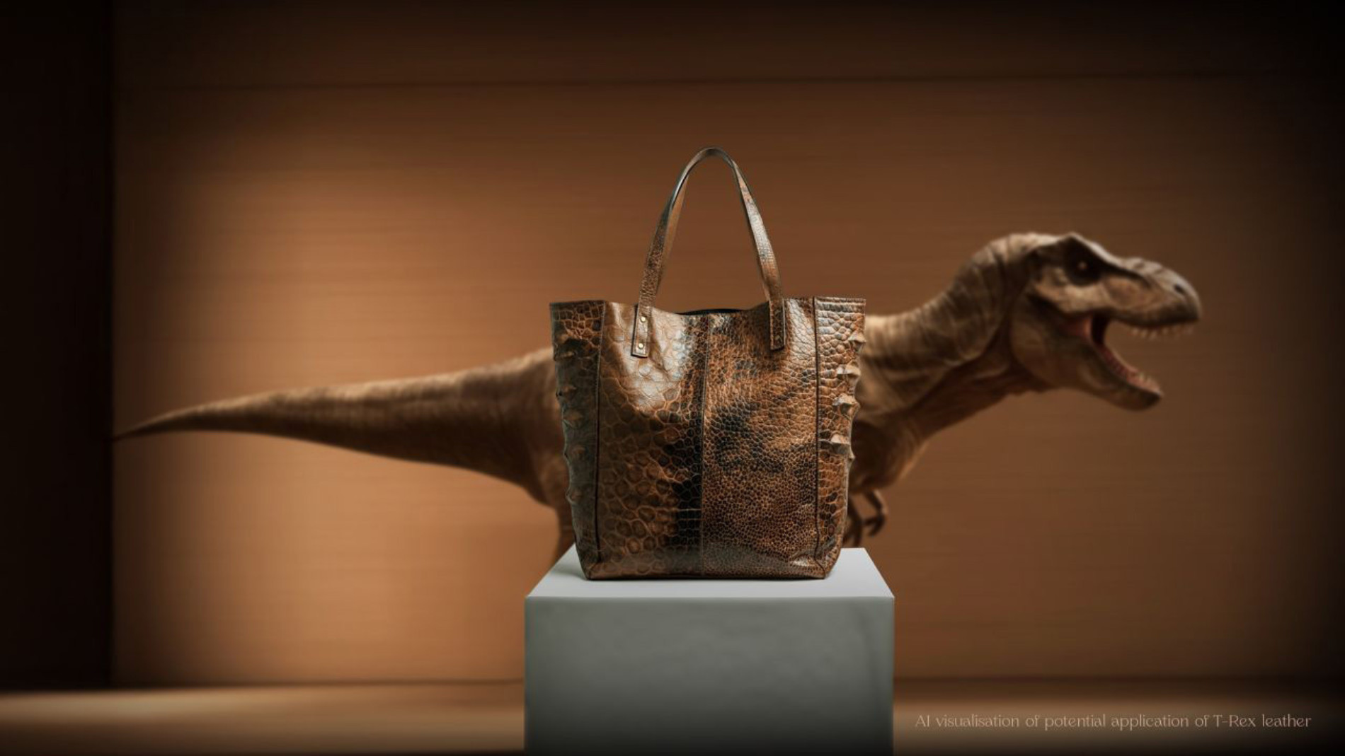 Creative visualisation of a brown leather handbag with a dinosaur in the background, symbolising innovative alternative leather concepts.