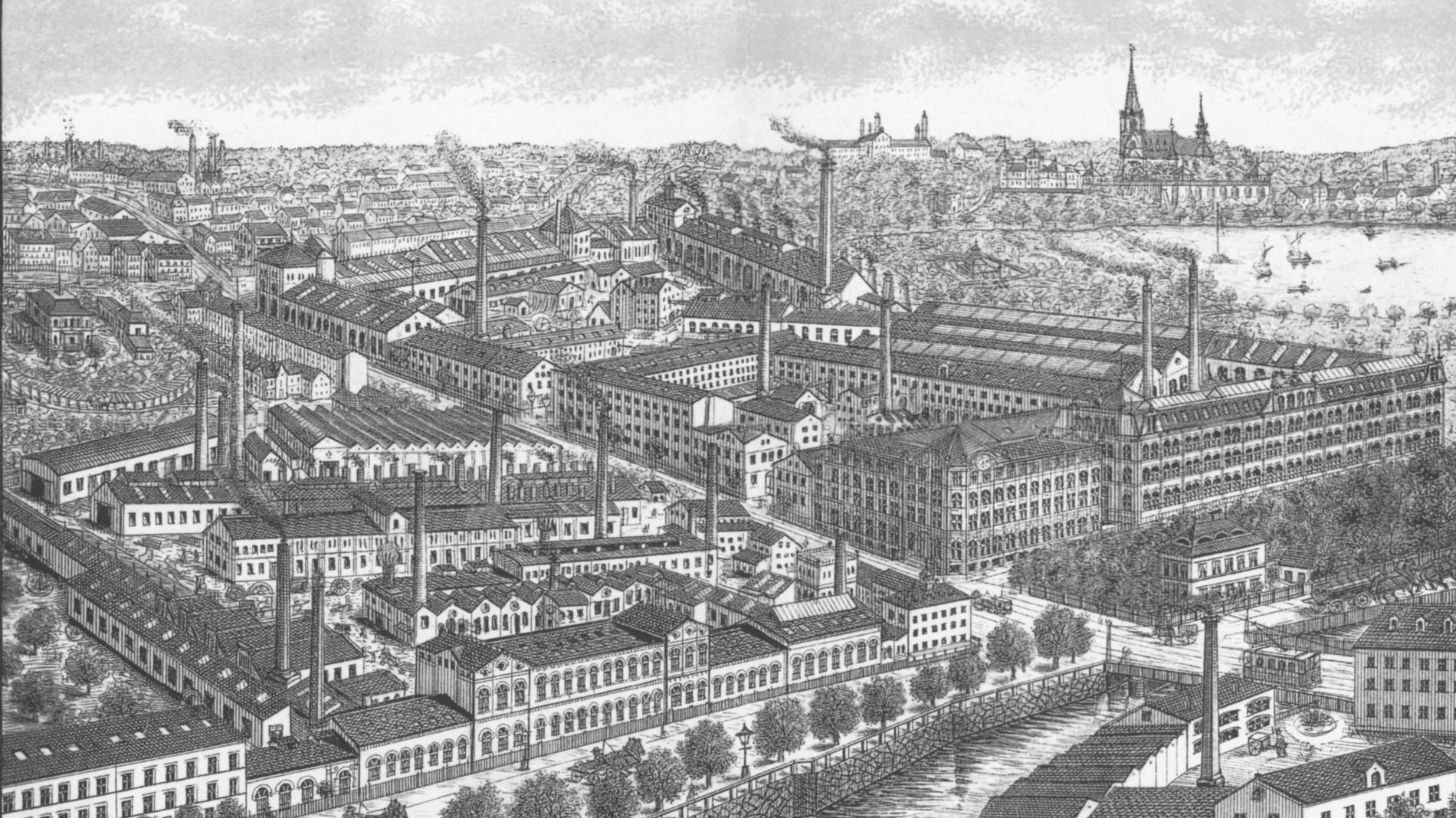 Historische Illustration der Textilindustrie in Chemnitz mit Fabrikanlagen, Schornsteinen und Stadtansicht im Hintergrund.