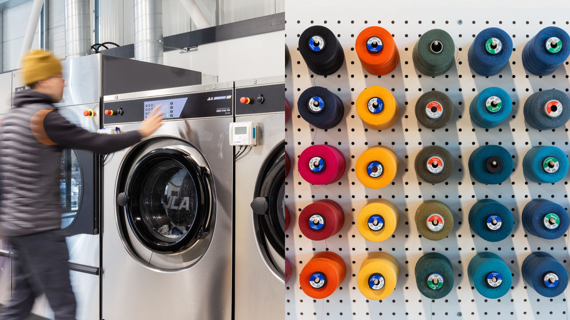 Nachhaltige Textilproduktion mit industriellen Waschmaschinen und farbenfrohen Garnrollen in einer modernen Werkstatt.