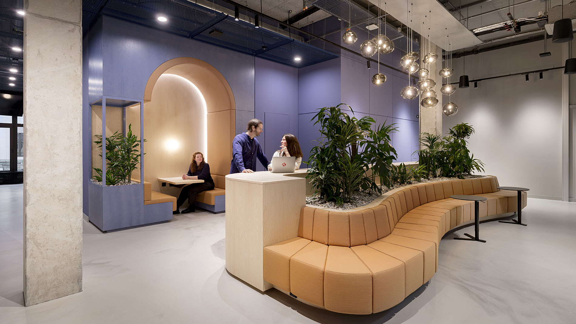 Modern office space featuring curved seating, wooden elements, and greenery