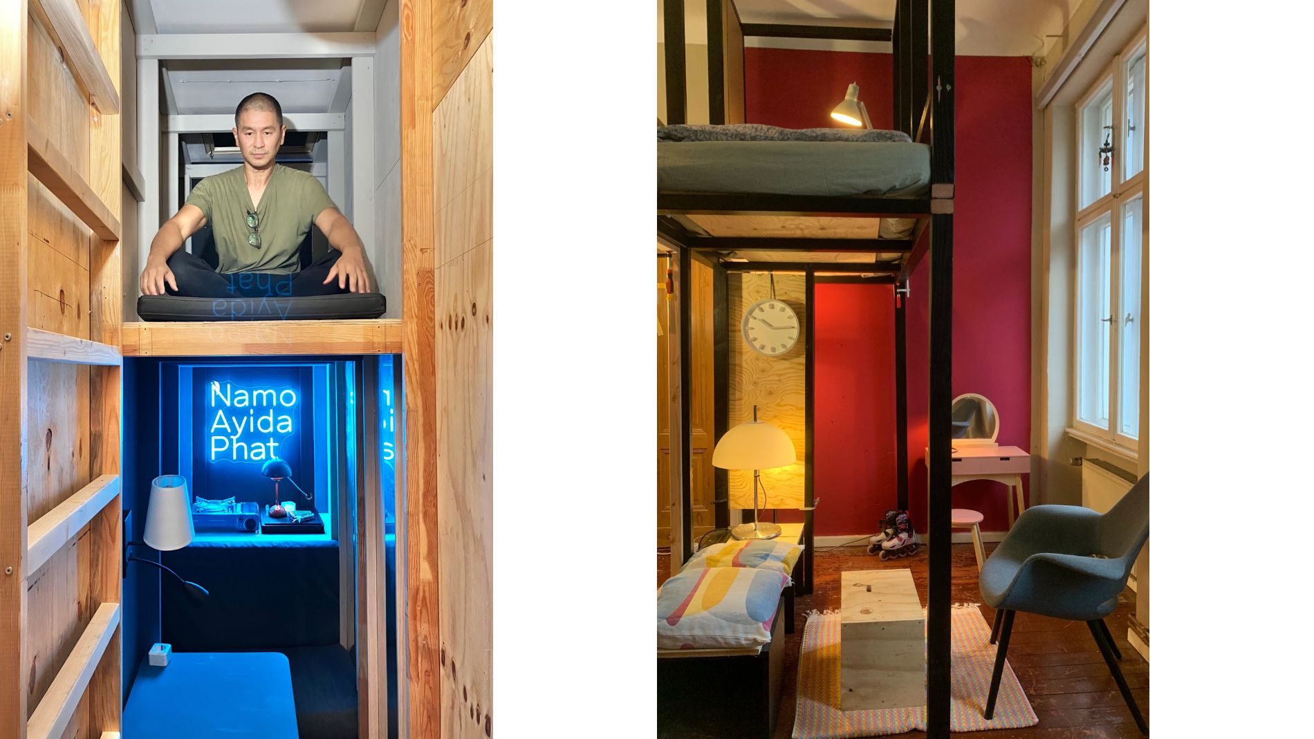 Man meditating in a minimalist tiny house with wooden elements and blue LED lighting