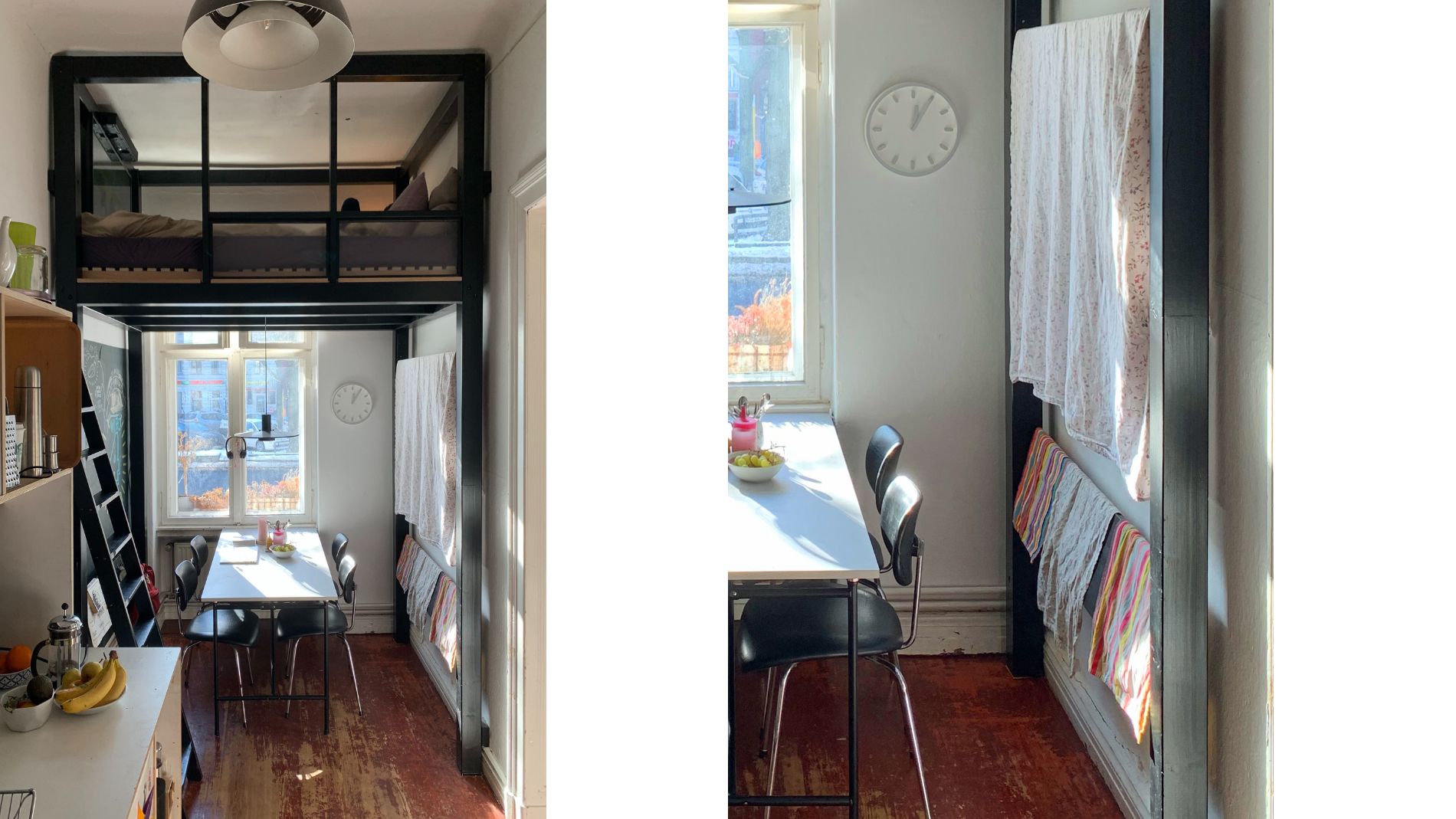 Bright tiny house with loft bed, dining table, and large windows