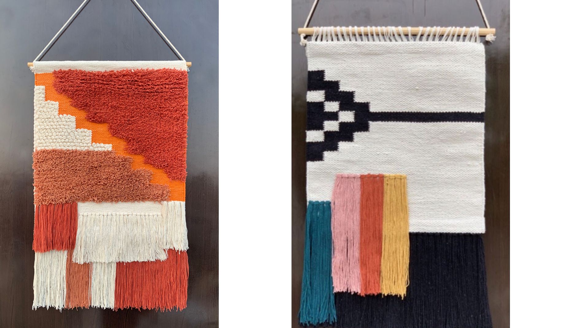 Two handwoven wall hangings with geometric patterns and fringes