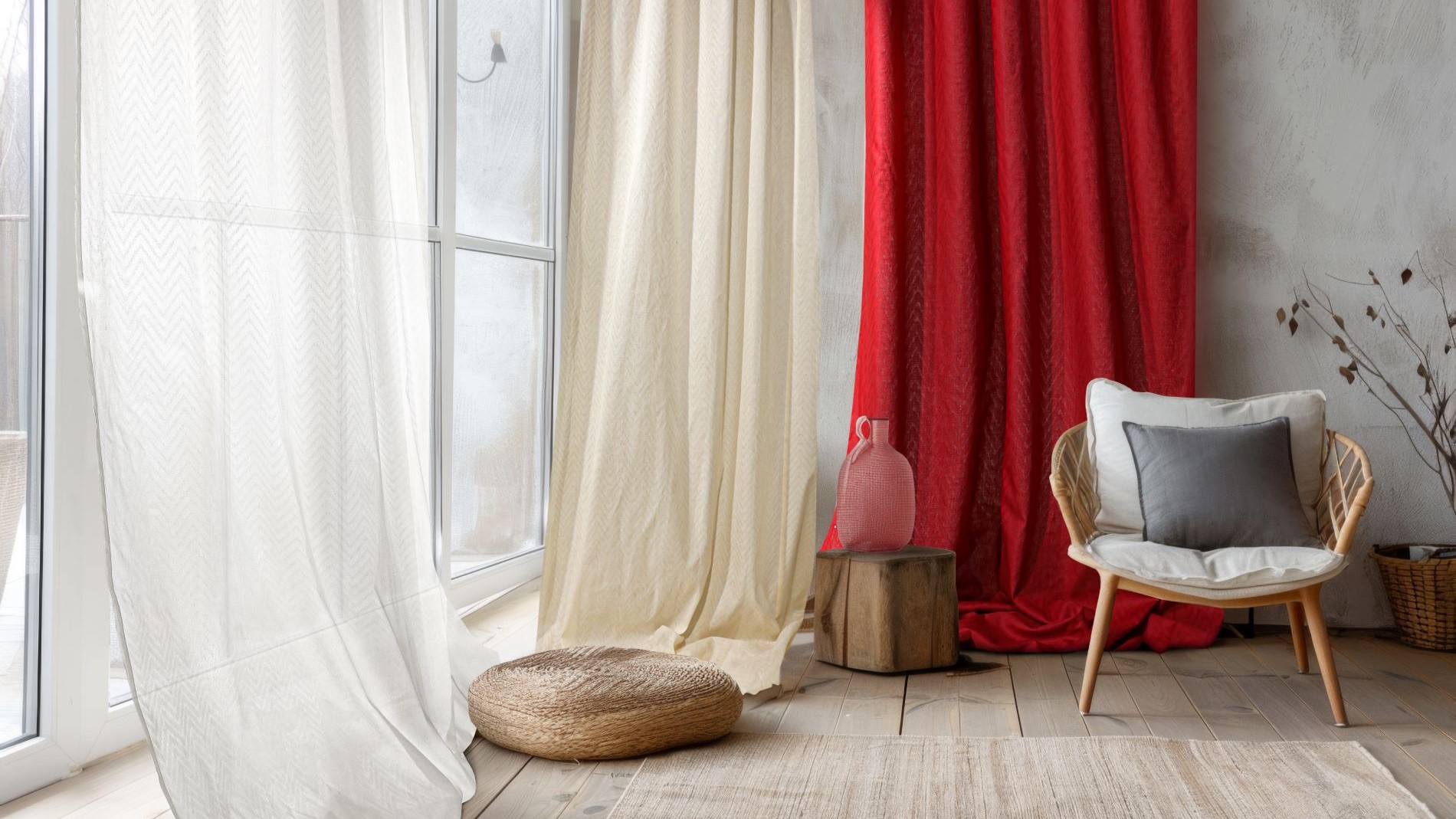 Bright living corner with red and beige curtains, armchair, and wooden decor