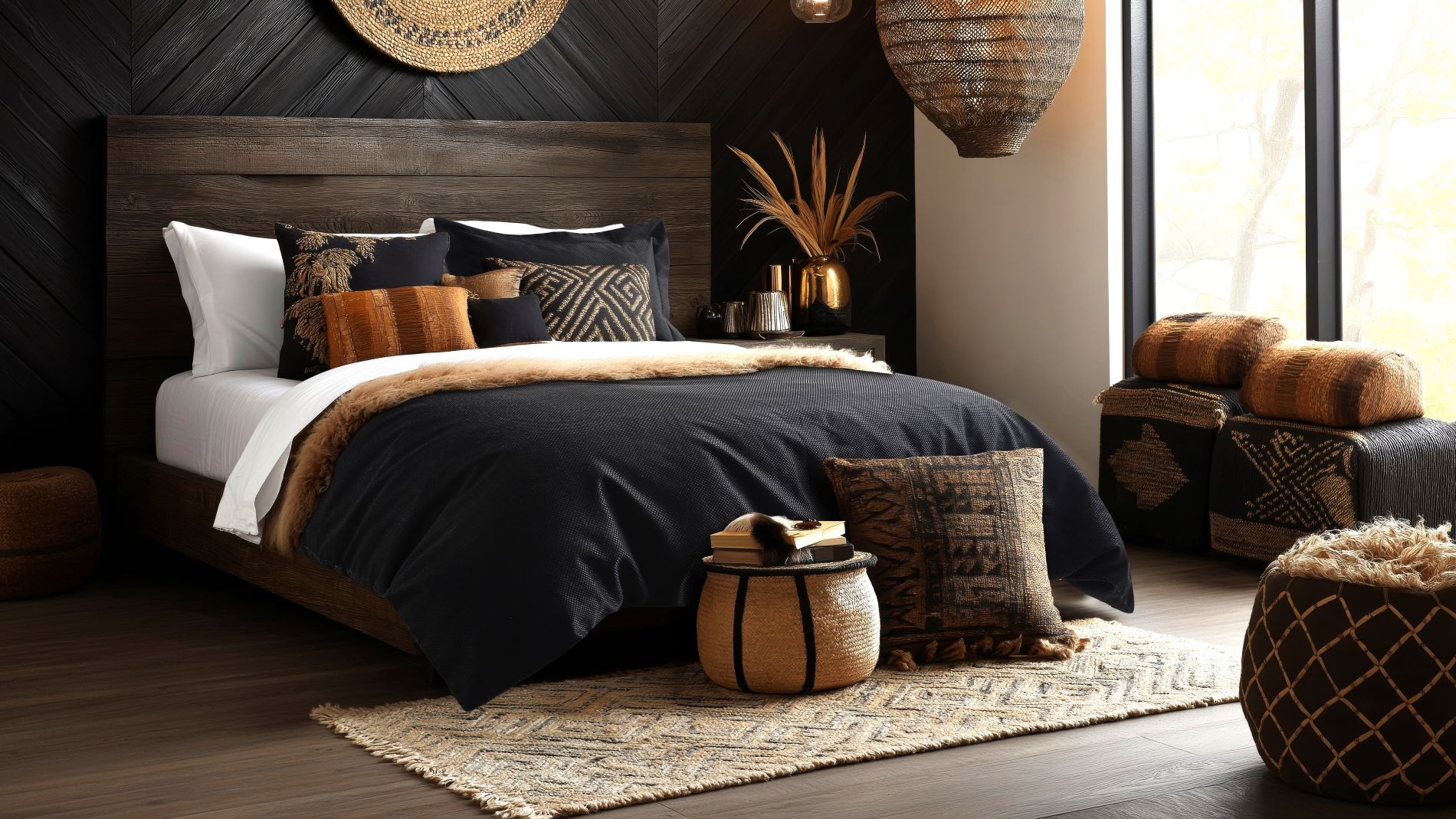 Bedroom with dark wall, wooden bed, and warm-toned textiles