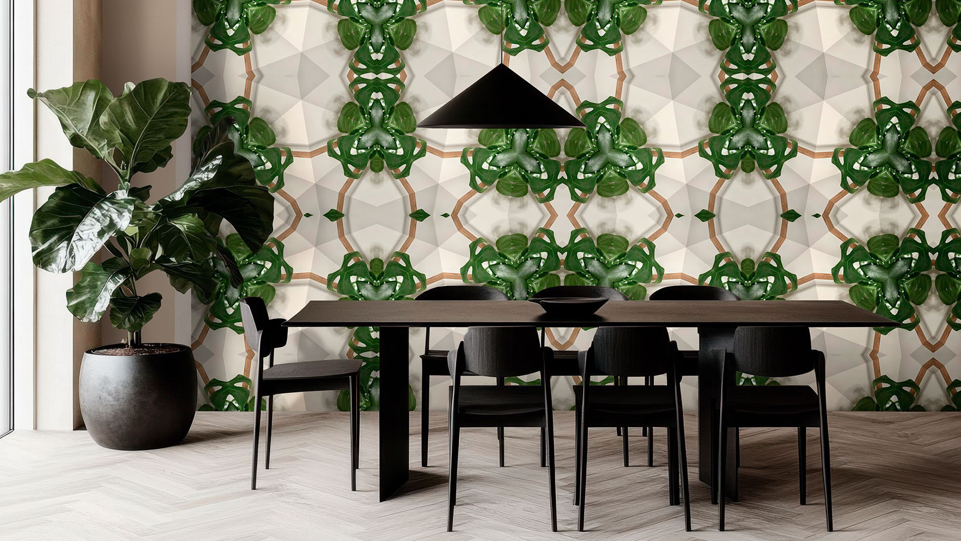 Dining room with green and white wallpaper