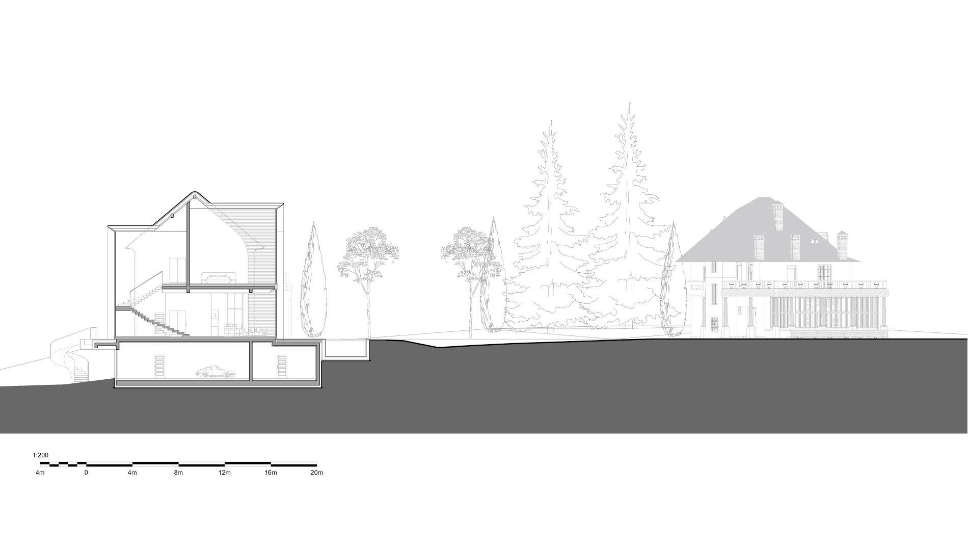 Architektur Schnittzeichnung moderner Villa mit Hanglage