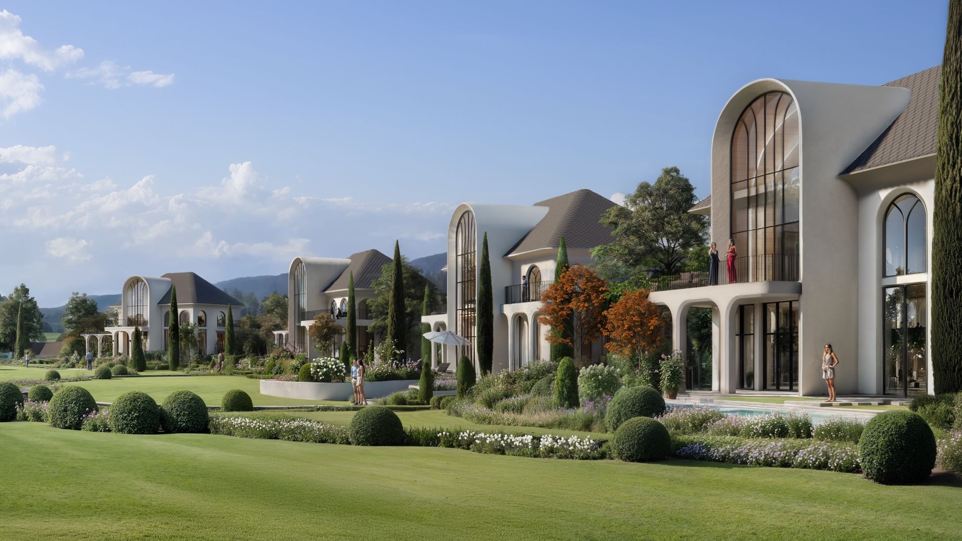 Moderne Luxusvillen mit großen Glasfassaden und Landschaftsgarten