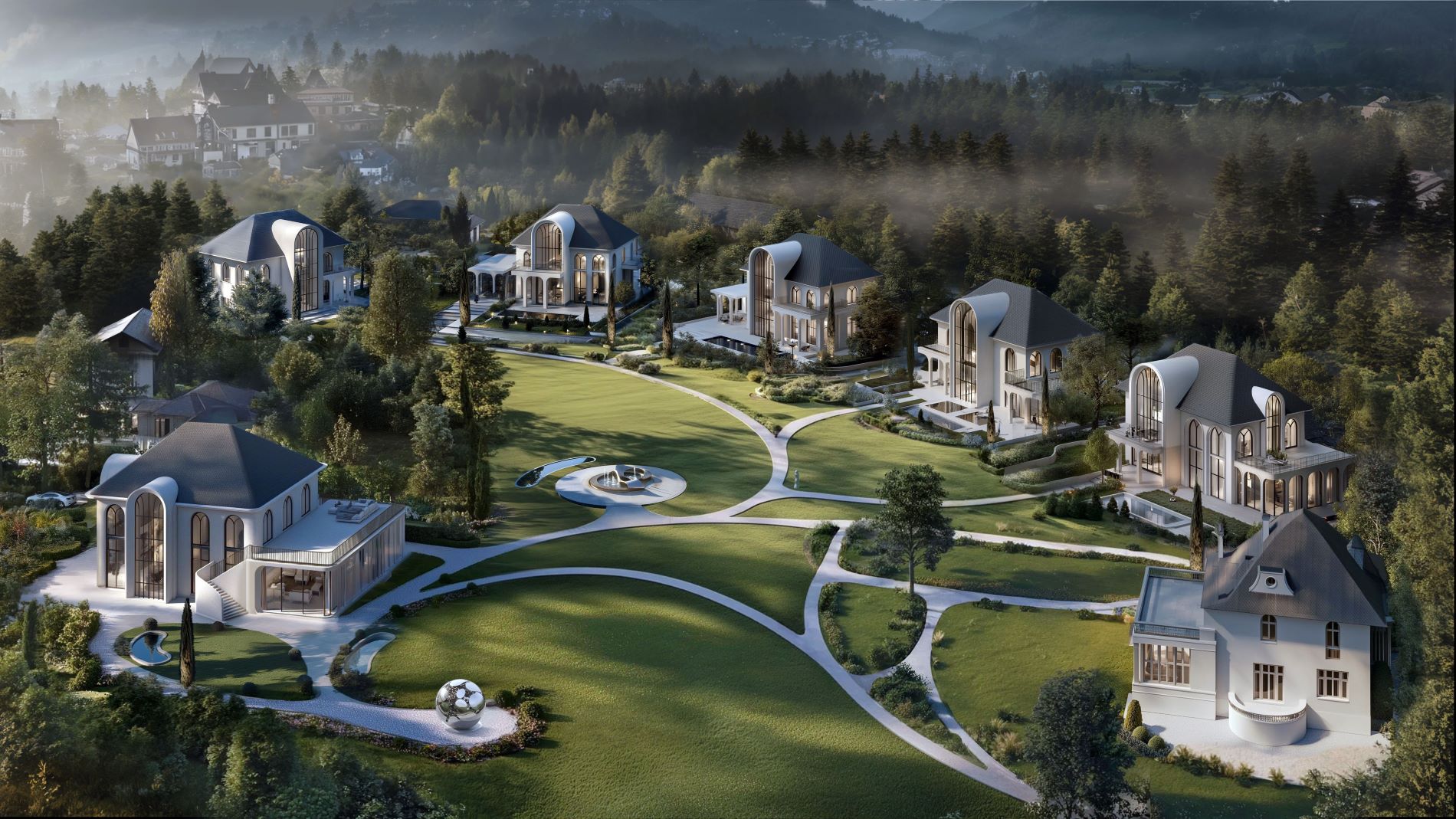 Luftansicht exklusiver Villenanlage in natürlicher Landschaft