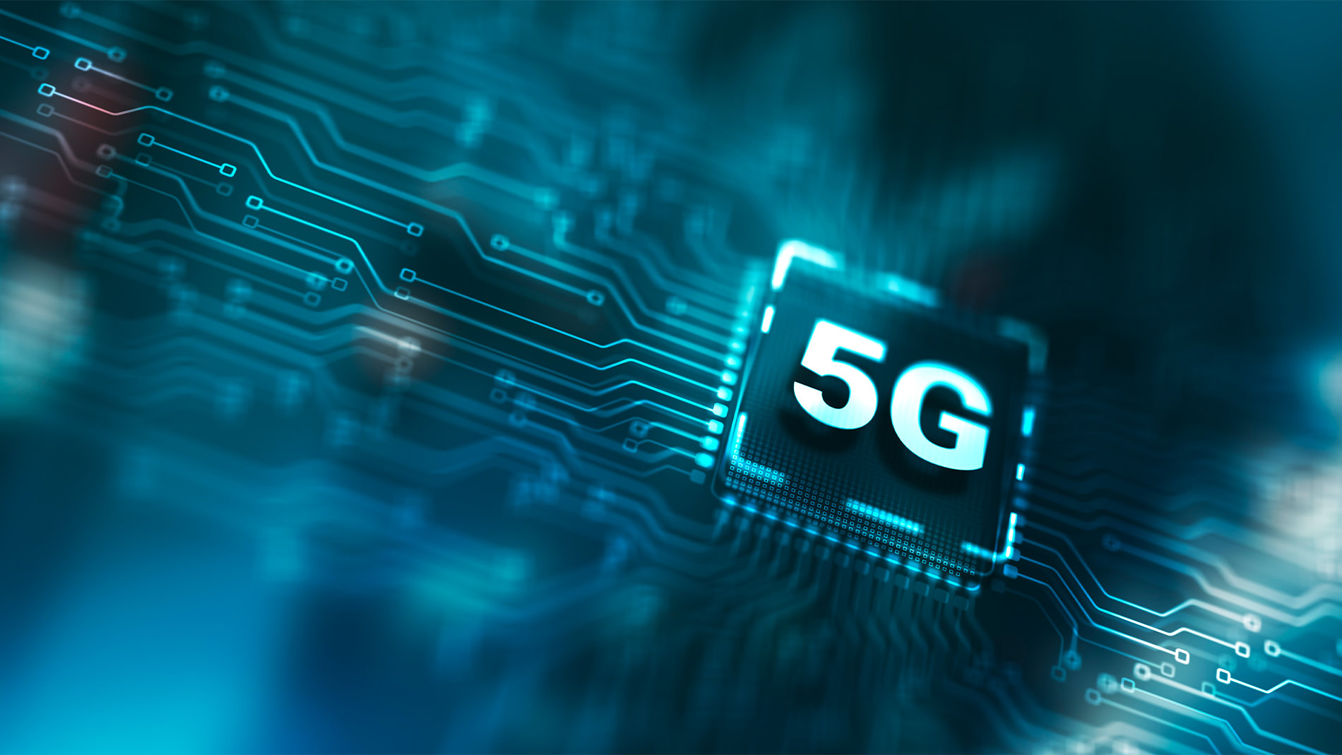 5G chip on a digital circuit board with data flow
