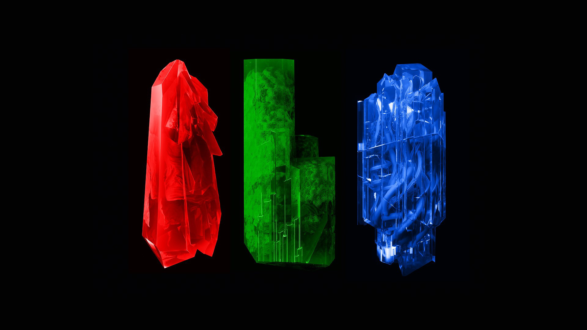 Abstract crystals in red, green and blue on a black background