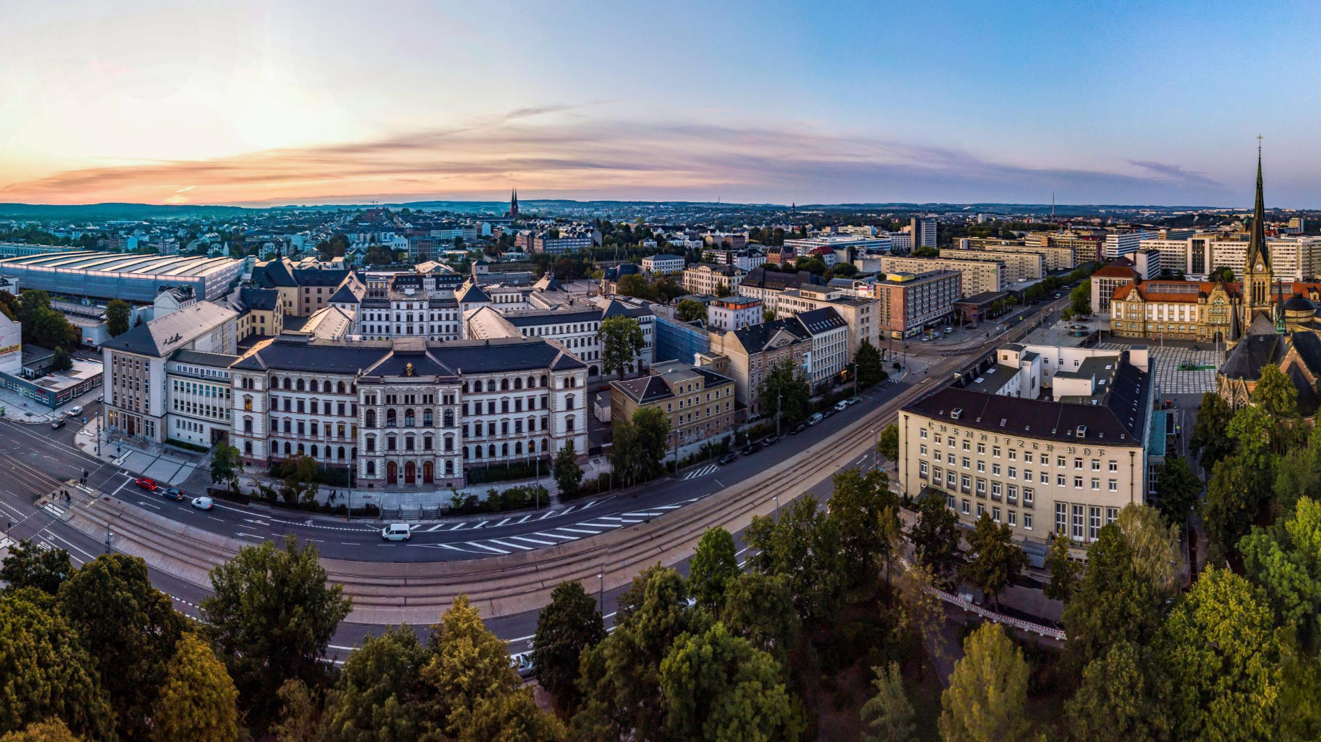 Panorama of Chemnitz with TU buildings at sunset