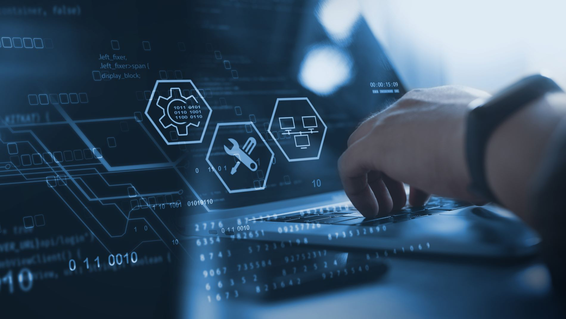 Digital maintenance systems on laptop with tech graphics