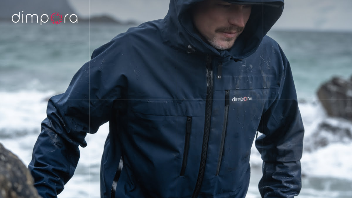 Man wearing a waterproof outdoor jacket on the coast.