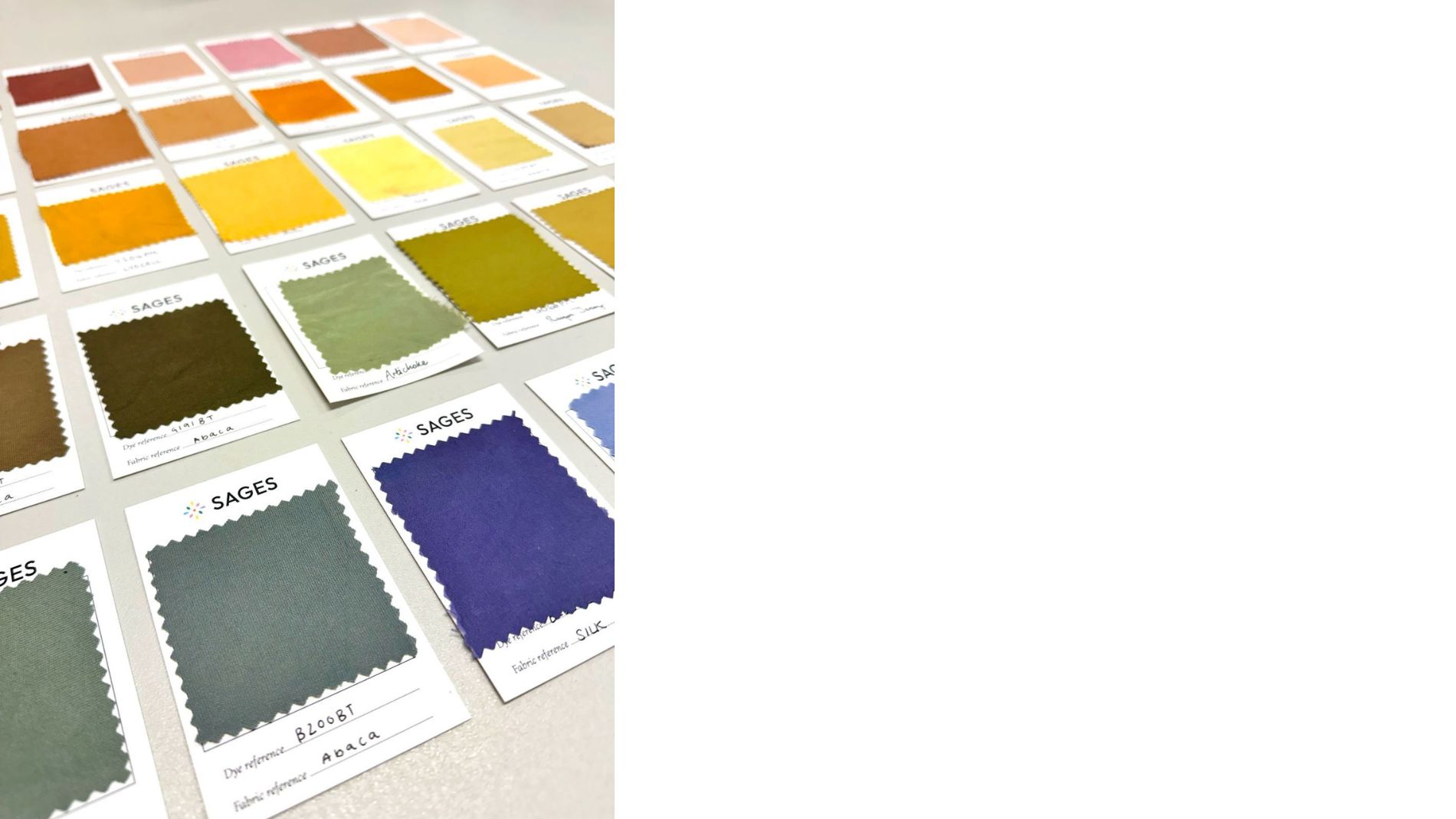 Colourful fabric sample cards are arranged in a row.