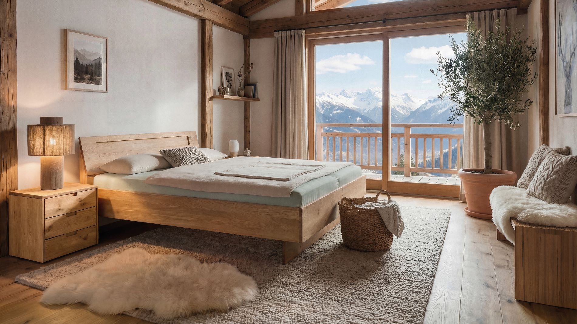 Bedroom with a wooden bed and large windows