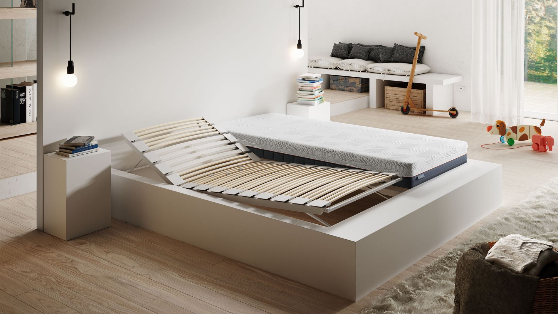 Adjustable bed frame with mattress in a room