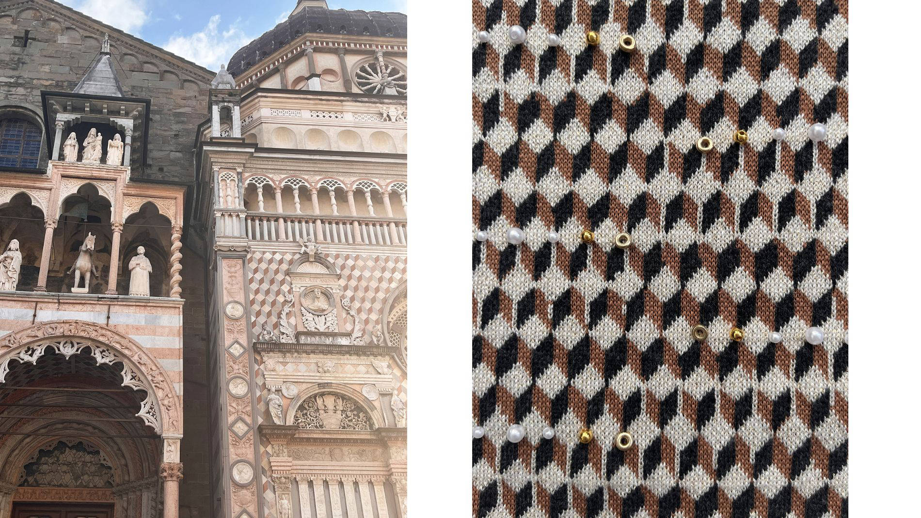 Historical architecture and a close-up of a geometric knitted pattern with beaded embellishment