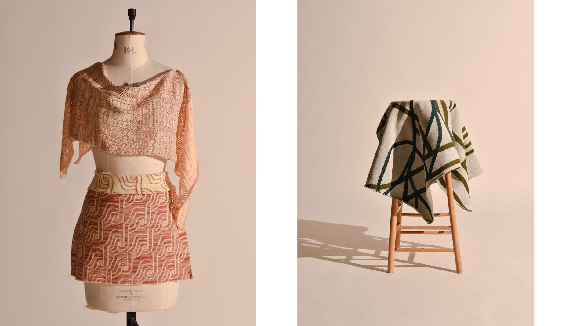 Knitwear outfit on mannequin and patterned blanket over chair