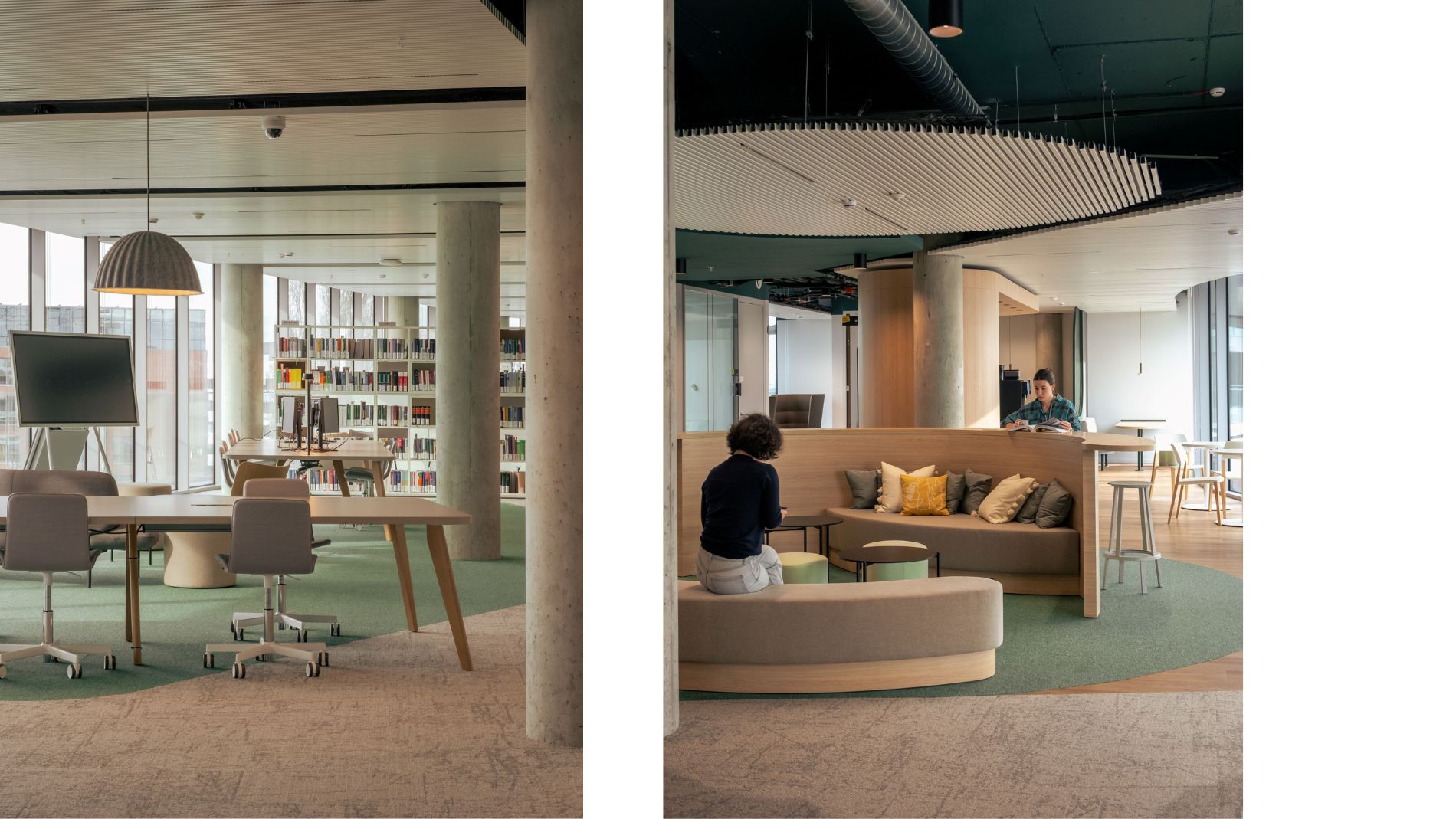 Moderner Wartebereich mit gemusterter Akzentwand und Detail moderner Wandgestaltung mit Holz