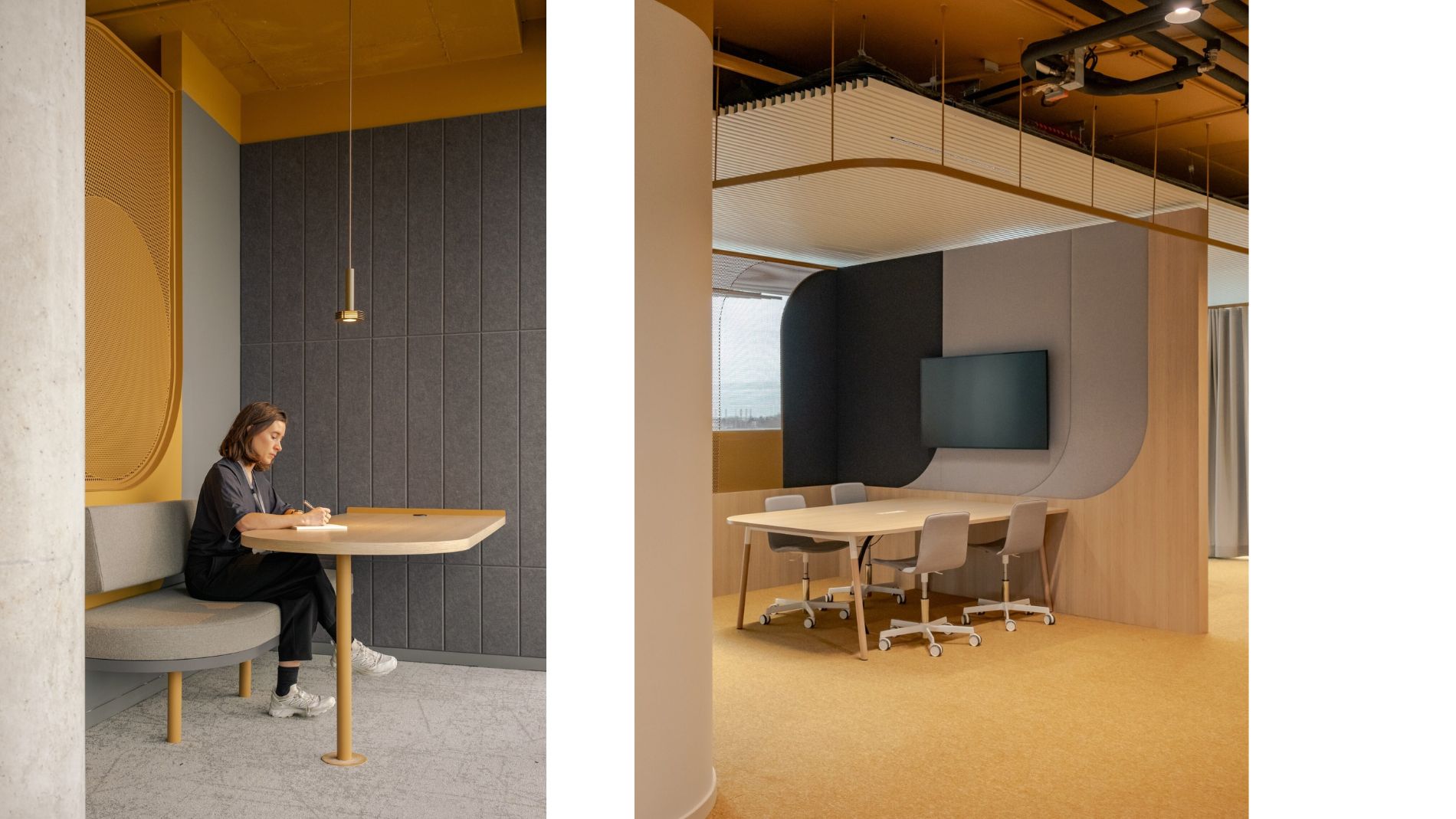 Fokus-Arbeitsplatz mit Akustikwand und Tisch und moderner Besprechungsraum mit Akzentfarben