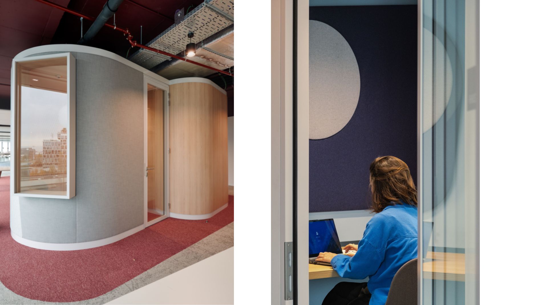 Akustikraum und Lounge-Bereich mit modularen Sofaelementen