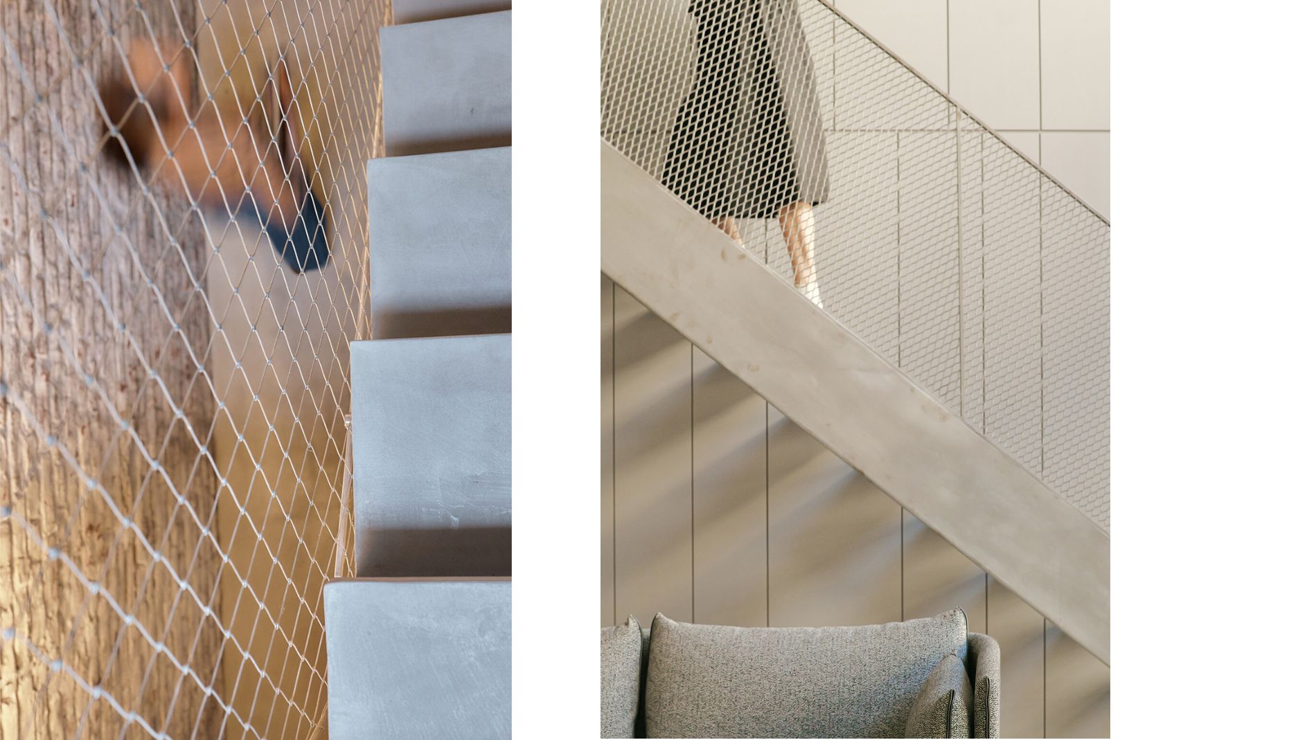 Treppenbereich mit Metallgitter und Sitzmöbeln