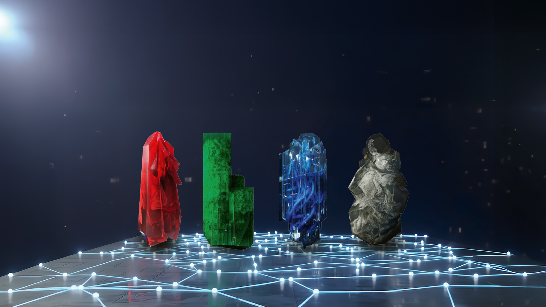 Bunte Kristallskulpturen auf digitalem Netzwerkboden