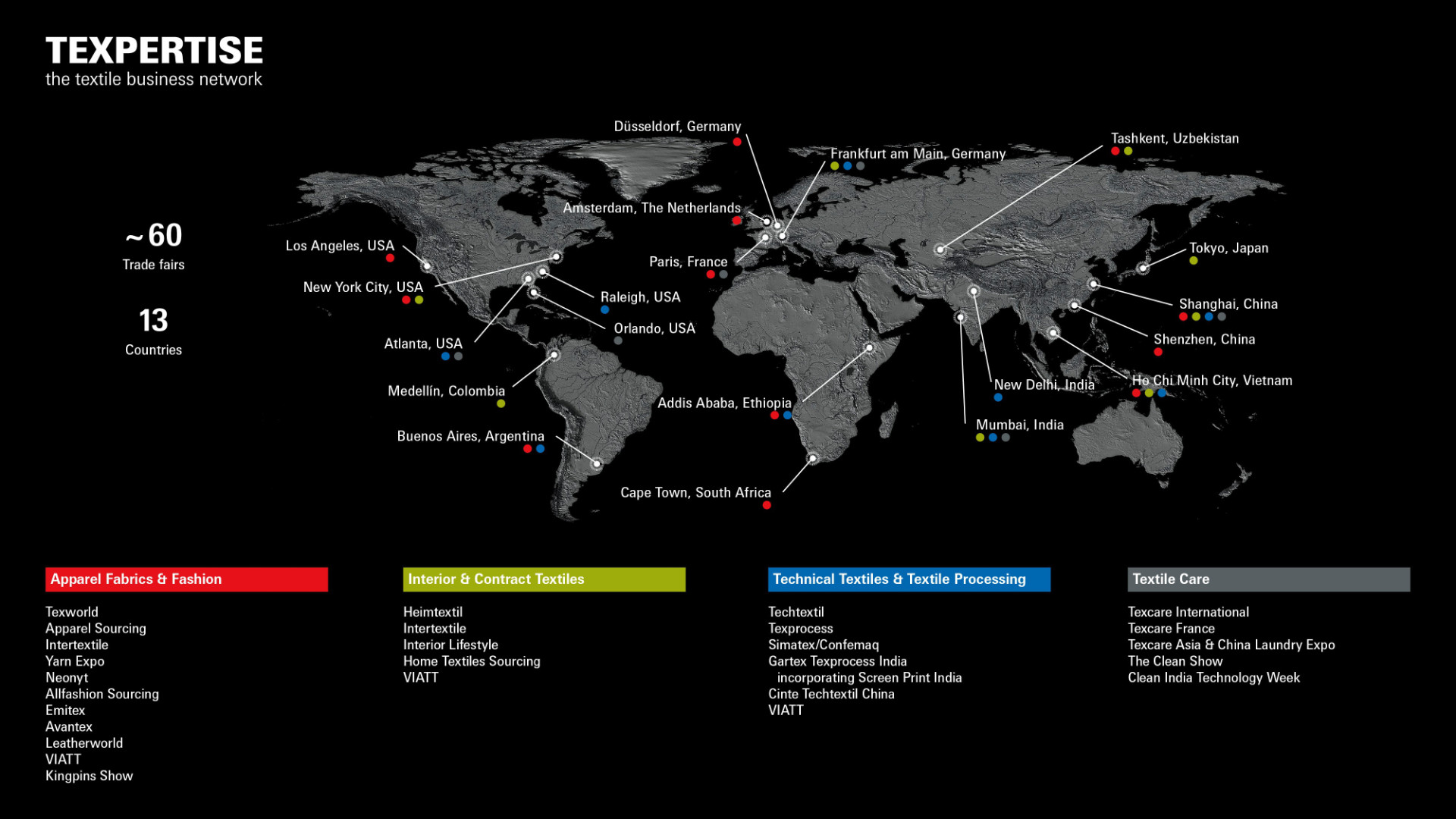 World map showing an overview of all the locations of the various textile trade fairs worldwide